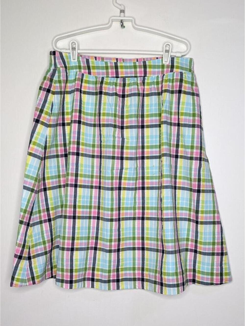 1901 Pastel Blue Pink Green Yellow Plaid A Line Cotton Skirt L